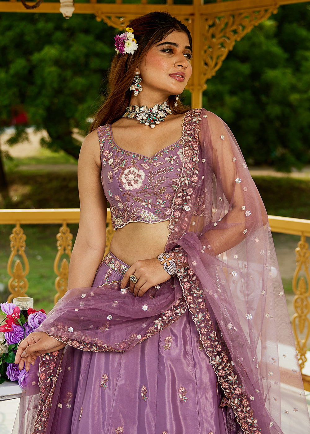Buy Now Rose Gold Satin Embroidered Wedding Festive Lehenga Choli Online in USA, UK, Canada, France, Italy, Germany, Australia & Worldwide at Empress Clothing.