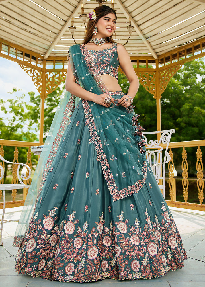 Buy Now Teal Green Satin Embroidered Wedding Festive Lehenga Choli Online in USA, UK, Canada, France, Italy, Germany, Australia & Worldwide at Empress Clothing.
