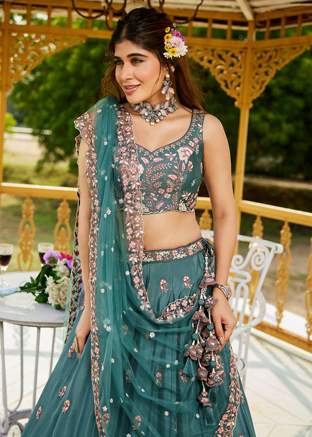 Buy Now Teal Green Satin Embroidered Wedding Festive Lehenga Choli Online in USA, UK, Canada, France, Italy, Germany, Australia & Worldwide at Empress Clothing.