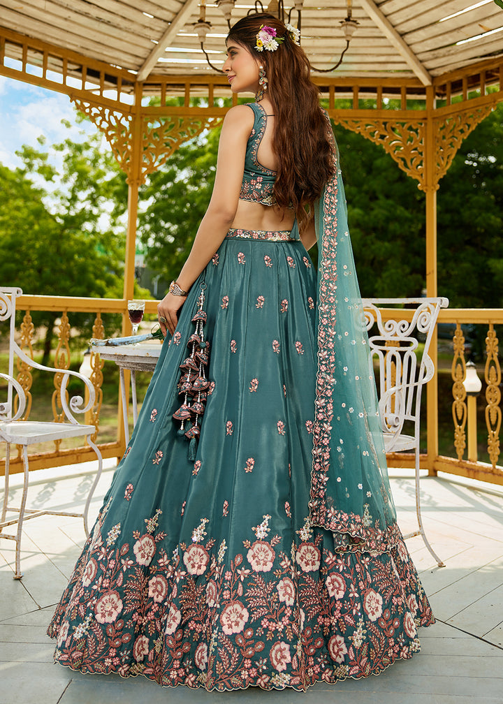 Buy Now Teal Green Satin Embroidered Wedding Festive Lehenga Choli Online in USA, UK, Canada, France, Italy, Germany, Australia & Worldwide at Empress Clothing.
