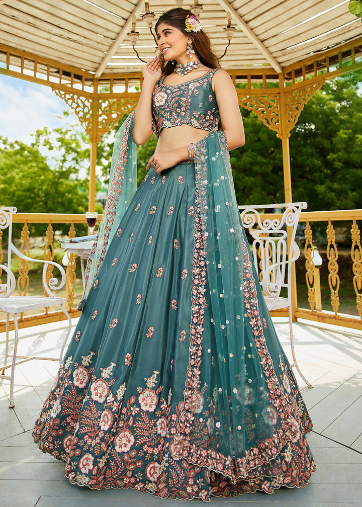 Buy Now Teal Green Satin Embroidered Wedding Festive Lehenga Choli Online in USA, UK, Canada, France, Italy, Germany, Australia & Worldwide at Empress Clothing.