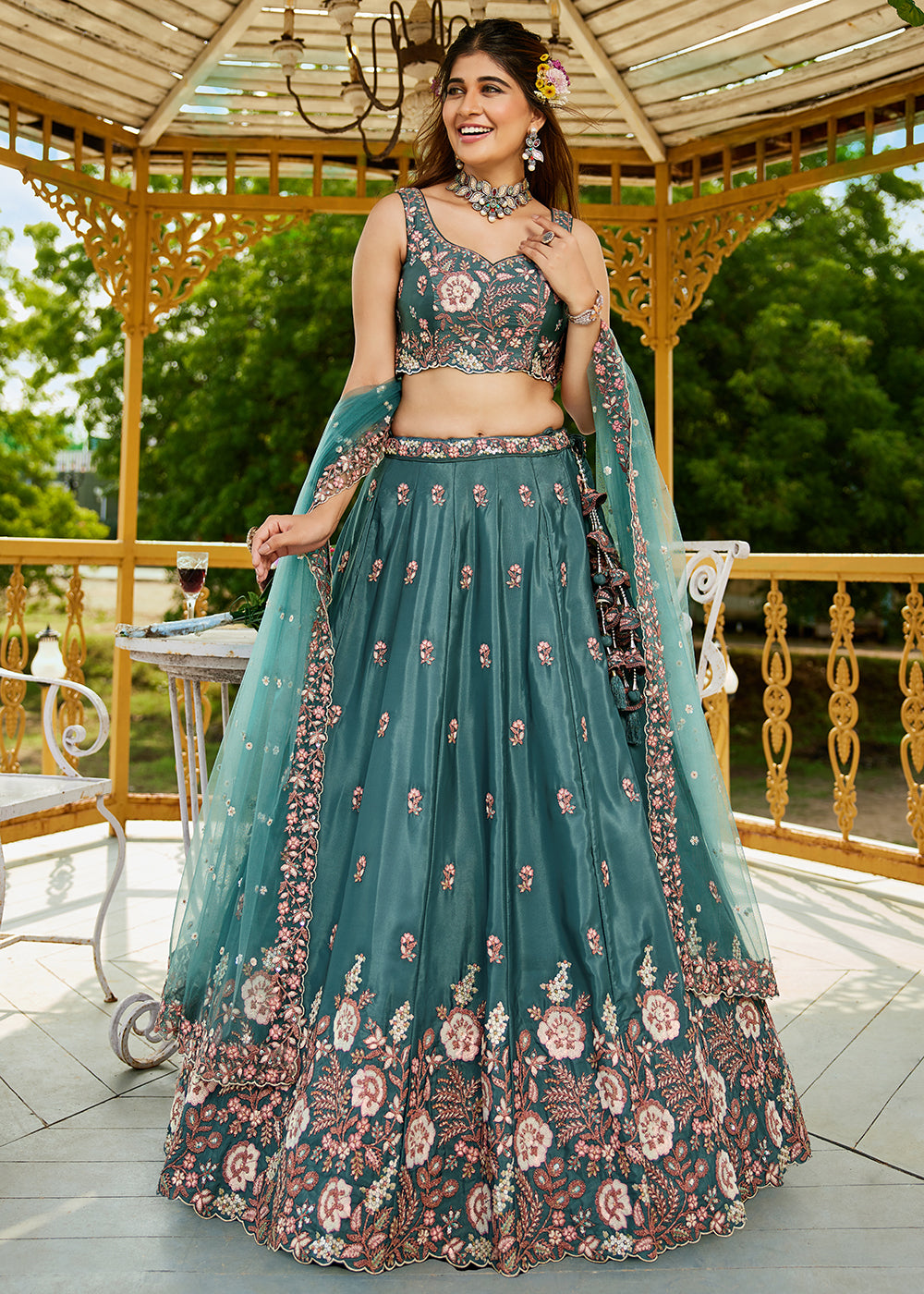 Buy Now Teal Green Satin Embroidered Wedding Festive Lehenga Choli Online in USA, UK, Canada, France, Italy, Germany, Australia & Worldwide at Empress Clothing.