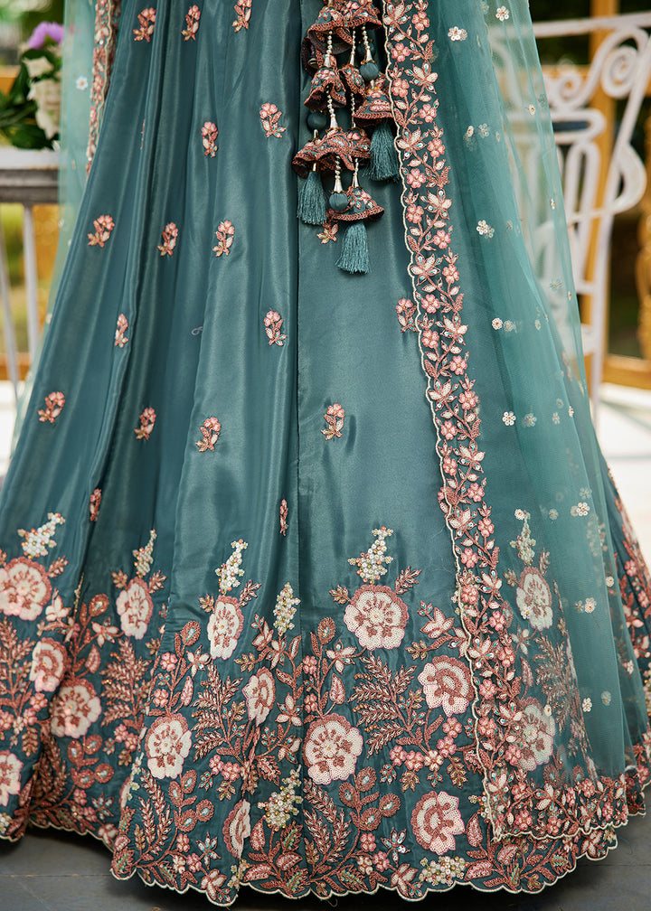 Buy Now Teal Green Satin Embroidered Wedding Festive Lehenga Choli Online in USA, UK, Canada, France, Italy, Germany, Australia & Worldwide at Empress Clothing.
