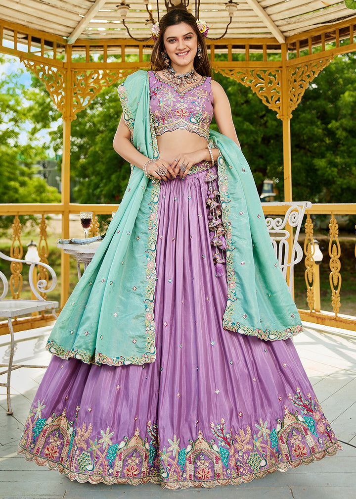 Buy Now Satin Embroidered Lavender Wedding Festive Lehenga Choli Online in USA, UK, Canada, France, Italy, Germany, Australia & Worldwide at Empress Clothing.