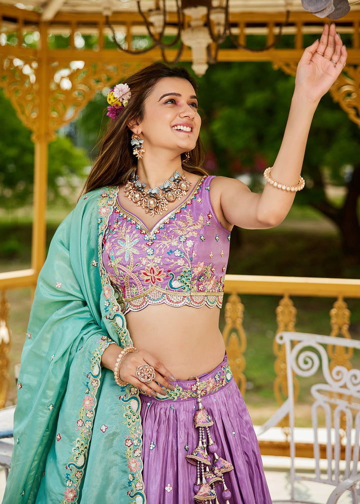 Buy Now Satin Embroidered Lavender Wedding Festive Lehenga Choli Online in USA, UK, Canada, France, Italy, Germany, Australia & Worldwide at Empress Clothing.