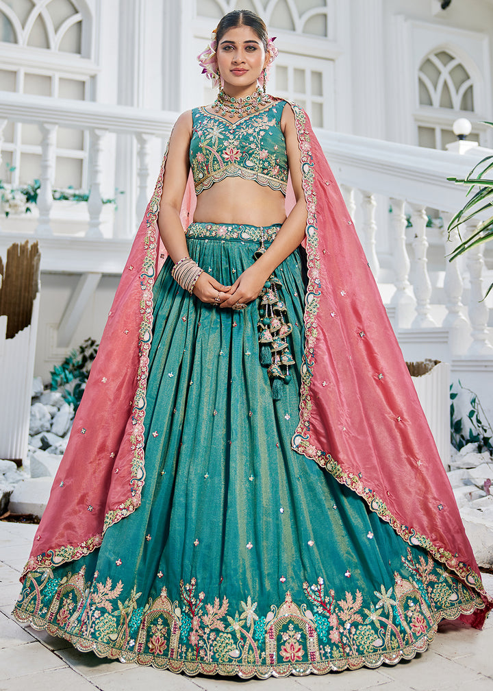 Buy Now Satin Embroidered Sea Green Wedding Festive Lehenga Choli Online in USA, UK, Canada, France, Italy, Germany, Australia & Worldwide at Empress Clothing.