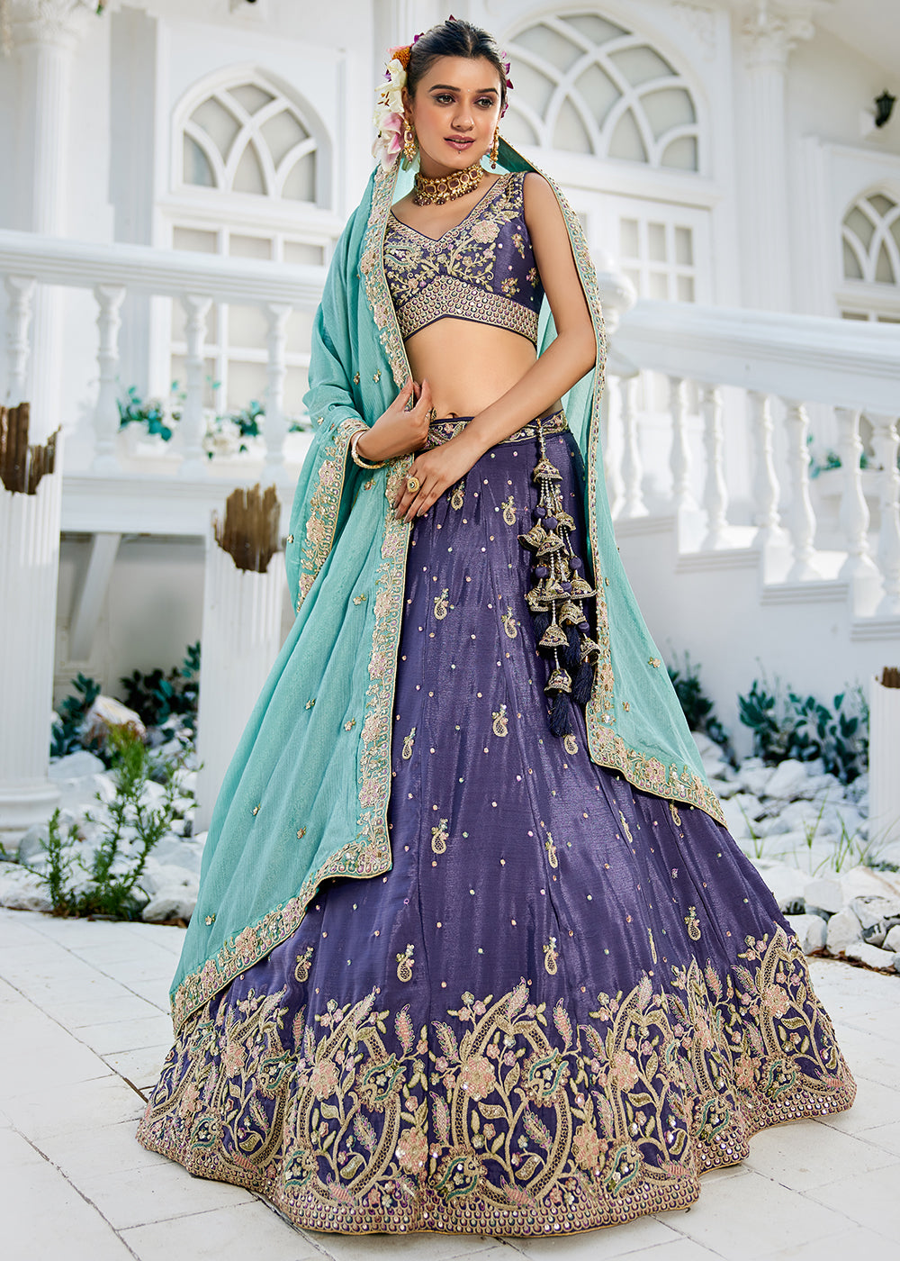 Buy Now Purple Poly Chiffon Sequins Work Bridesmaids Lehenga Choli Online in USA, UK, Canada, France, Italy, Germany, Denmark & Worldwide at Empress Clothing