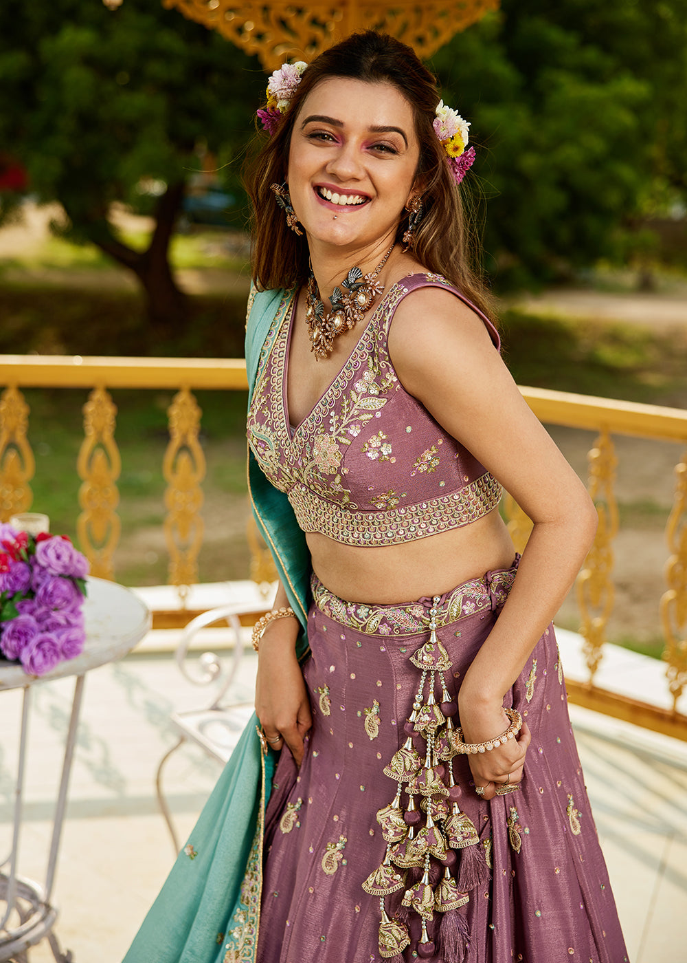 Buy Now Rose Gold Poly Chiffon Sequins Work Bridesmaids Lehenga Choli Online in USA, UK, Canada, France, Italy, Germany, Denmark & Worldwide at Empress Clothing