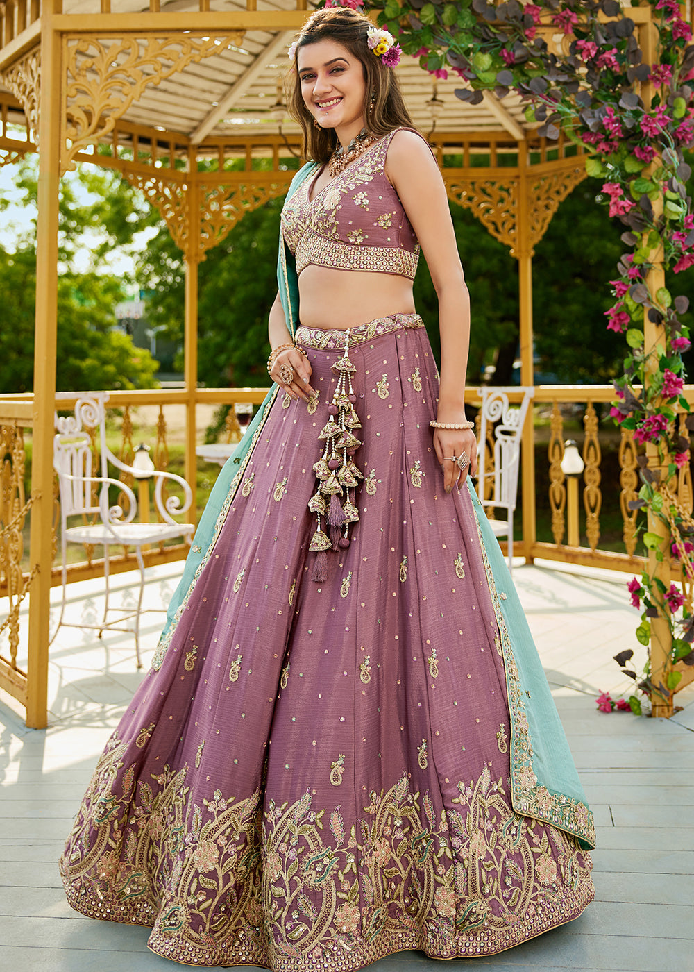 Buy Now Rose Gold Poly Chiffon Sequins Work Bridesmaids Lehenga Choli Online in USA, UK, Canada, France, Italy, Germany, Denmark & Worldwide at Empress Clothing