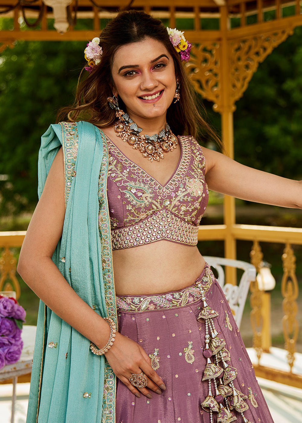 Buy Now Rose Gold Poly Chiffon Sequins Work Bridesmaids Lehenga Choli Online in USA, UK, Canada, France, Italy, Germany, Denmark & Worldwide at Empress Clothing