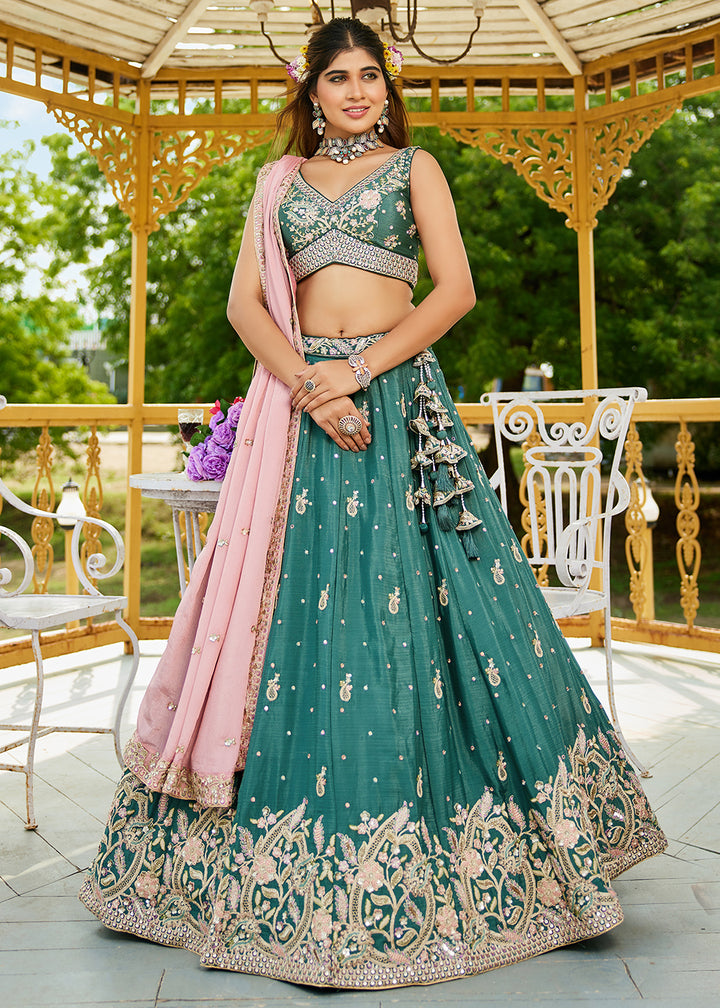 Buy Now Green Poly Chiffon Sequins Work Bridesmaids Lehenga Choli Online in USA, UK, Canada, France, Italy, Germany, Denmark & Worldwide at Empress Clothing.