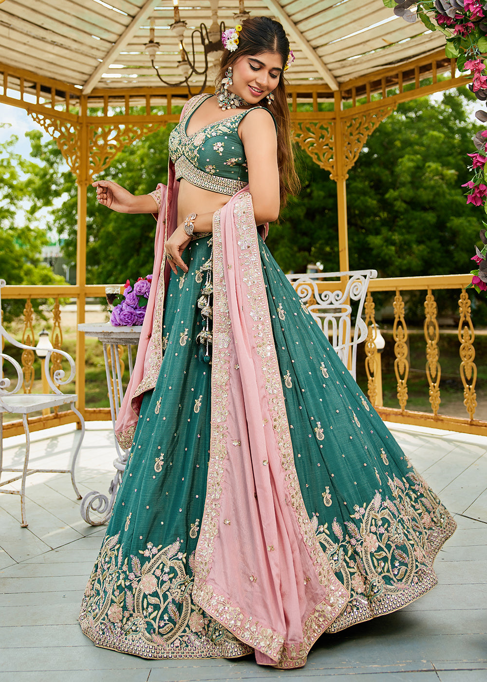 Buy Now Green Poly Chiffon Sequins Work Bridesmaids Lehenga Choli Online in USA, UK, Canada, France, Italy, Germany, Denmark & Worldwide at Empress Clothing.