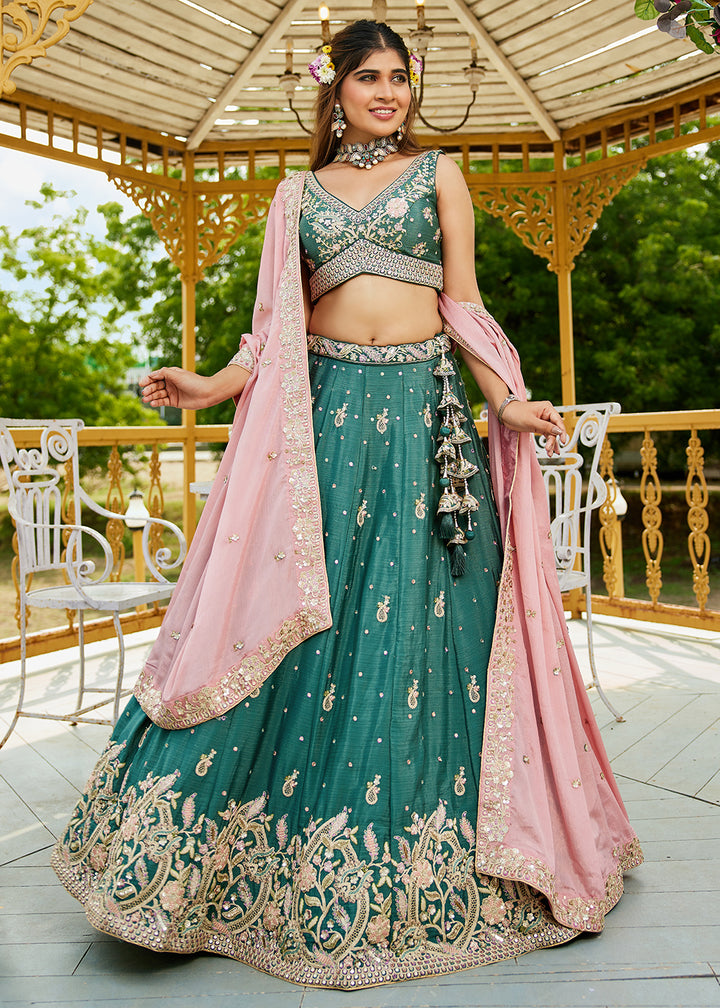 Buy Now Green Poly Chiffon Sequins Work Bridesmaids Lehenga Choli Online in USA, UK, Canada, France, Italy, Germany, Denmark & Worldwide at Empress Clothing.