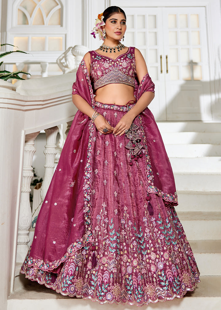 Buy Now Burgundy Tissue Fabric Embroidered Wedding Lehenga Choli Online in USA, UK, Canada, France, Italy, Germany, Australia & Worldwide at Empress Clothing.