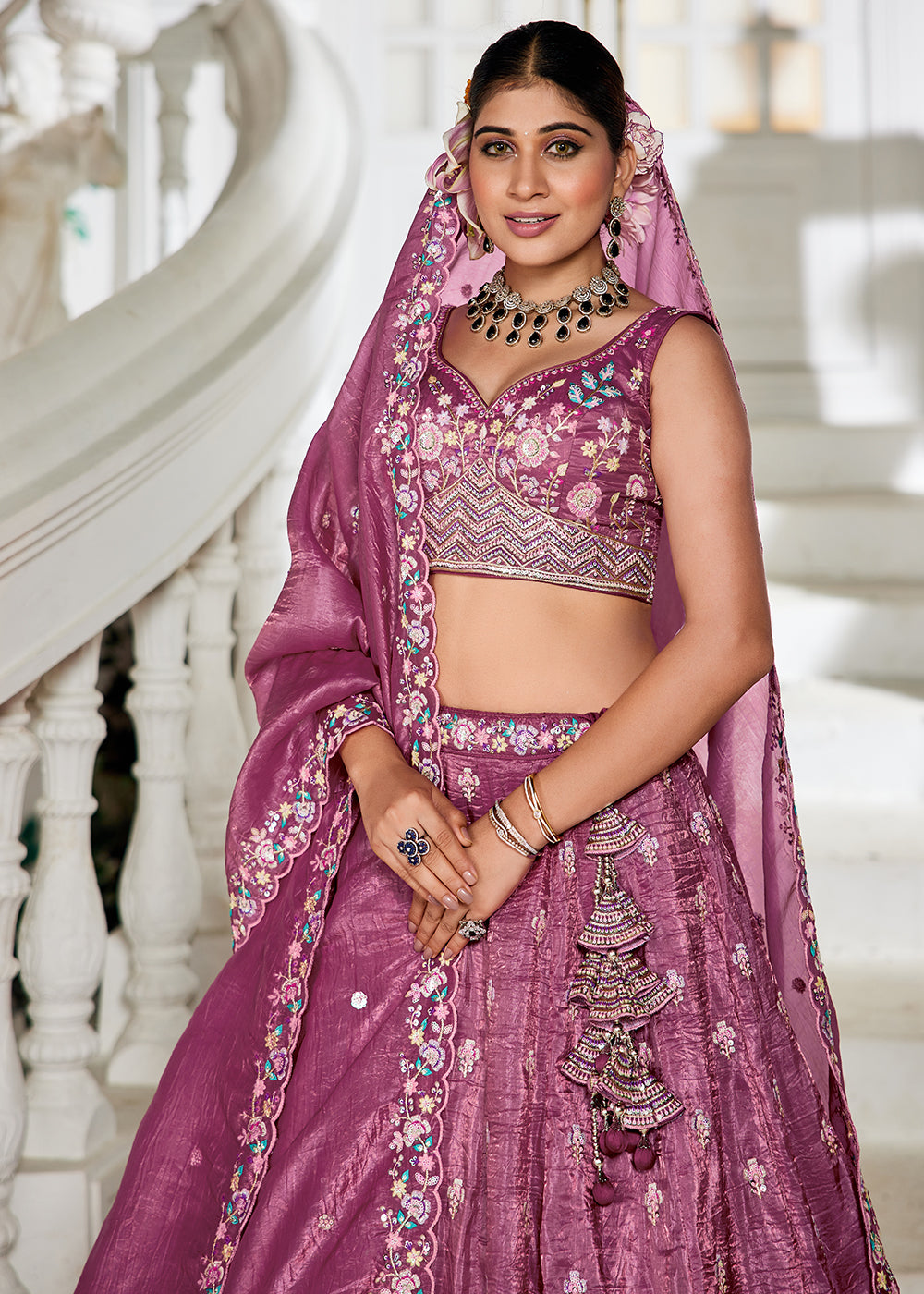 Buy Now Burgundy Tissue Fabric Embroidered Wedding Lehenga Choli Online in USA, UK, Canada, France, Italy, Germany, Australia & Worldwide at Empress Clothing.