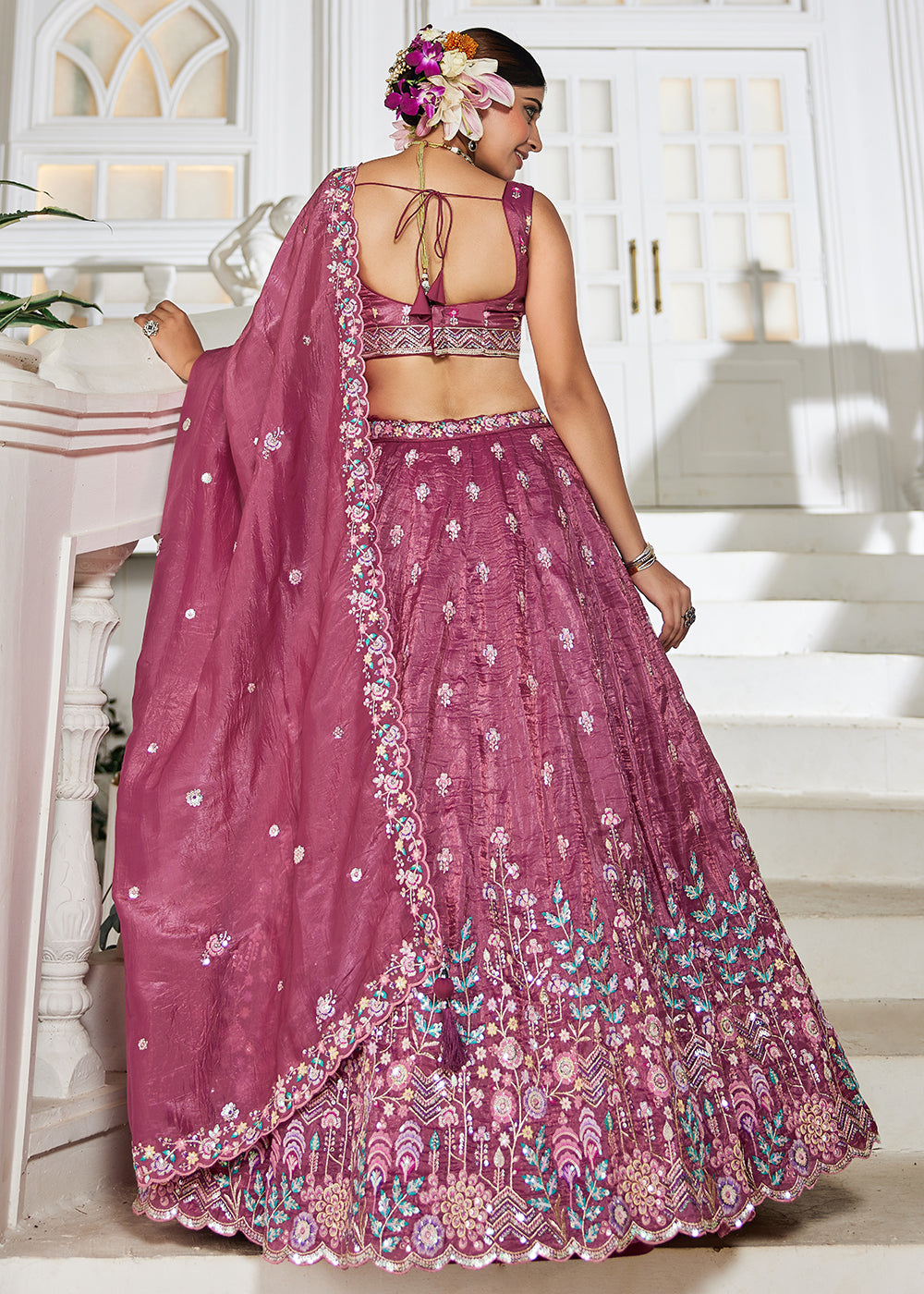 Buy Now Burgundy Tissue Fabric Embroidered Wedding Lehenga Choli Online in USA, UK, Canada, France, Italy, Germany, Australia & Worldwide at Empress Clothing.
