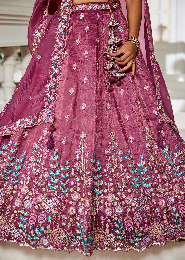 Buy Now Burgundy Tissue Fabric Embroidered Wedding Lehenga Choli Online in USA, UK, Canada, France, Italy, Germany, Australia & Worldwide at Empress Clothing.