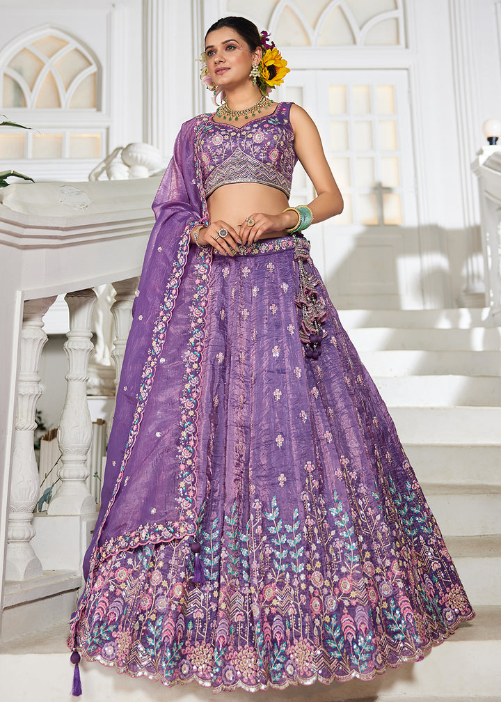 Buy Now Purple Tissue Fabric Embroidered Wedding Lehenga Choli Online in USA, UK, Canada, France, Italy, Germany, Australia & Worldwide at Empress Clothing.
