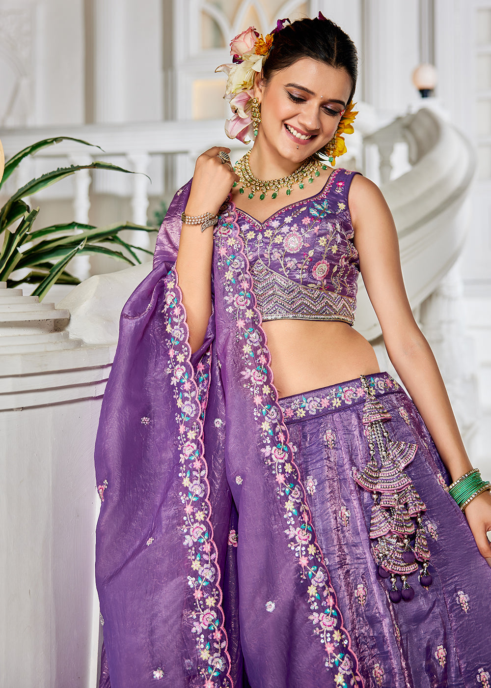 Buy Now Purple Tissue Fabric Embroidered Wedding Lehenga Choli Online in USA, UK, Canada, France, Italy, Germany, Australia & Worldwide at Empress Clothing.