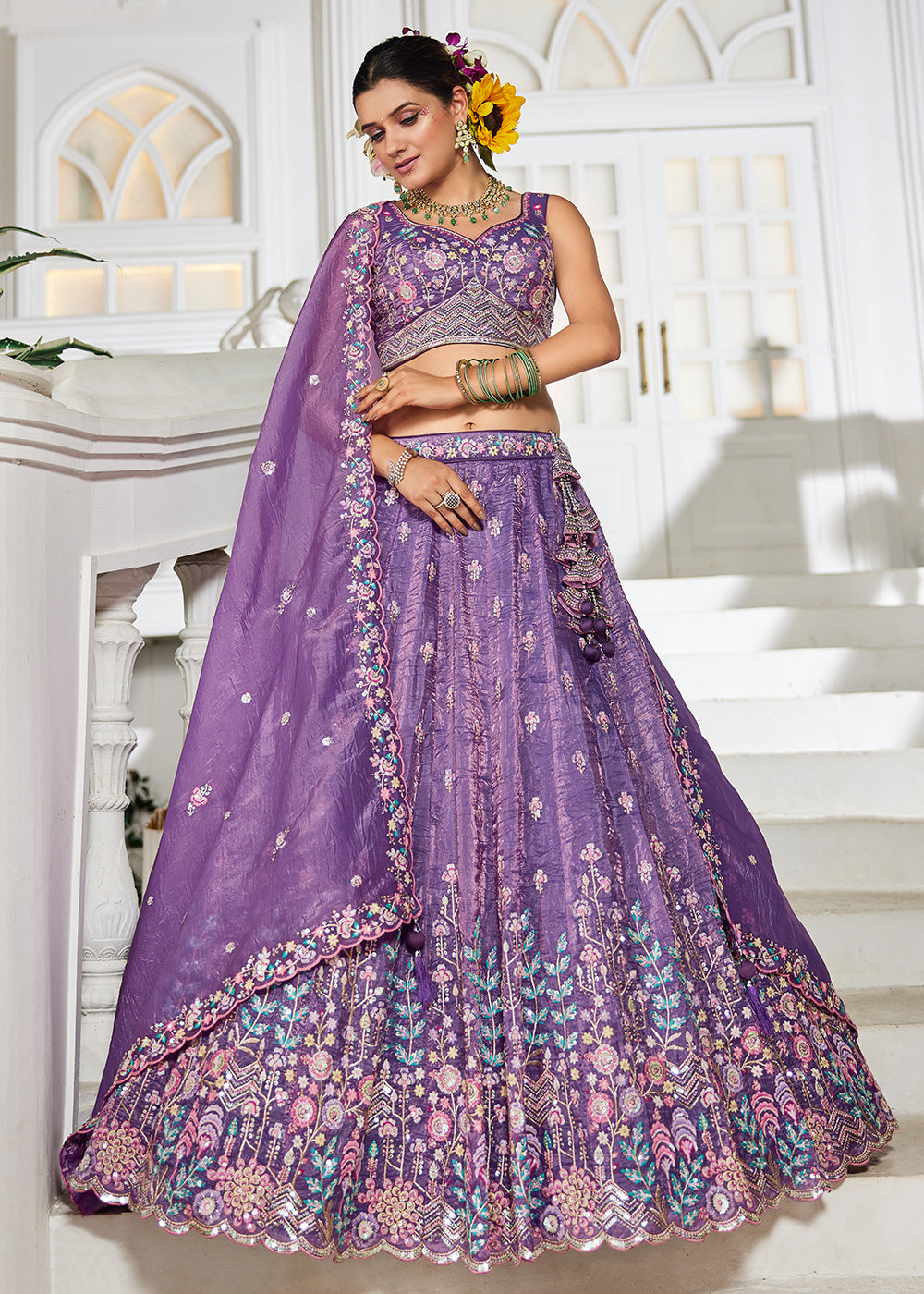 Buy Now Purple Tissue Fabric Embroidered Wedding Lehenga Choli Online in USA, UK, Canada, France, Italy, Germany, Australia & Worldwide at Empress Clothing.
