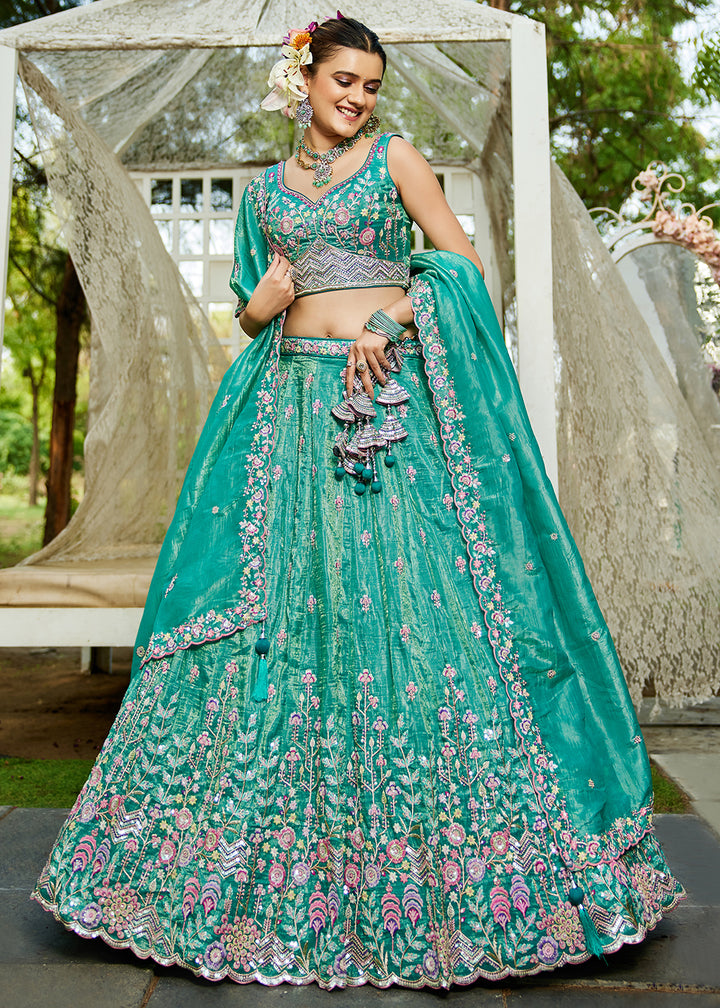 Buy Now Sea Green Tissue Fabric Embroidered Wedding Lehenga Choli Online in USA, UK, Canada, France, Italy, Germany, Australia & Worldwide at Empress Clothing.