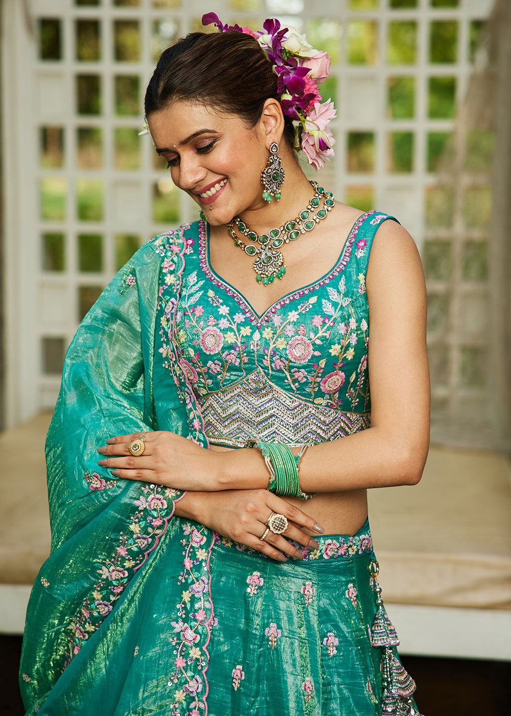 Buy Now Sea Green Tissue Fabric Embroidered Wedding Lehenga Choli Online in USA, UK, Canada, France, Italy, Germany, Australia & Worldwide at Empress Clothing.