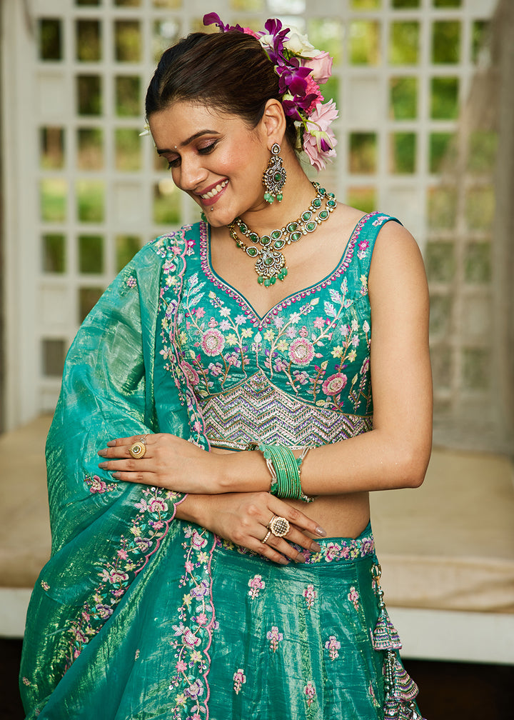 Buy Now Sea Green Tissue Fabric Embroidered Wedding Lehenga Choli Online in USA, UK, Canada, France, Italy, Germany, Australia & Worldwide at Empress Clothing.