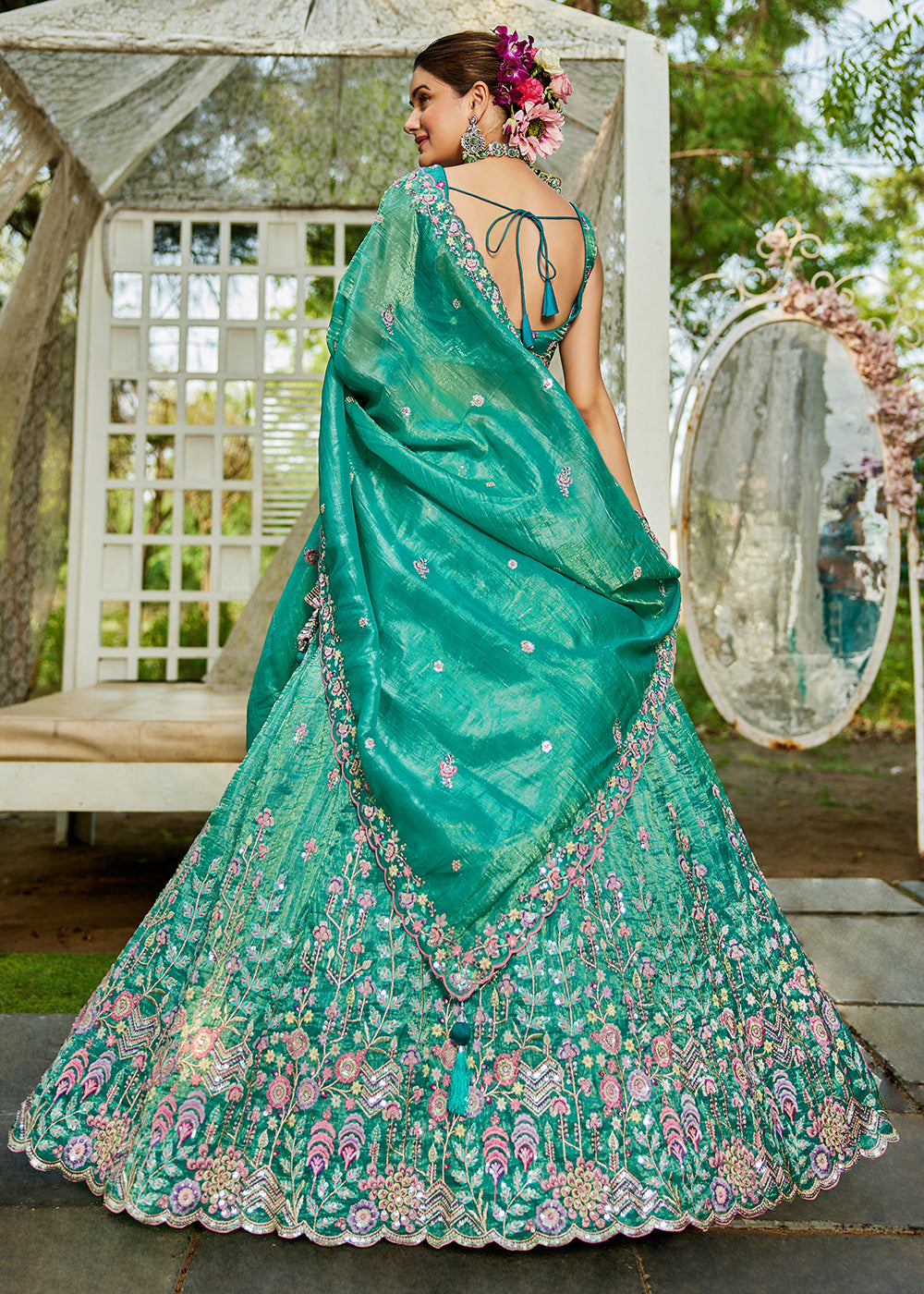 Buy Now Sea Green Tissue Fabric Embroidered Wedding Lehenga Choli Online in USA, UK, Canada, France, Italy, Germany, Australia & Worldwide at Empress Clothing.