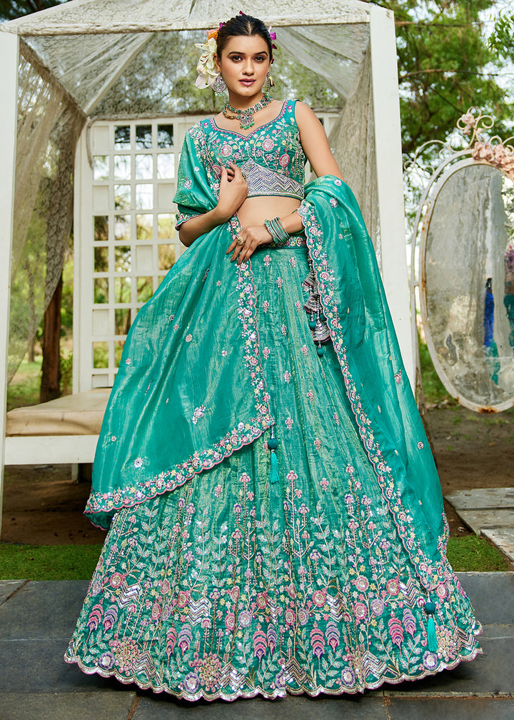 Buy Now Sea Green Tissue Fabric Embroidered Wedding Lehenga Choli Online in USA, UK, Canada, France, Italy, Germany, Australia & Worldwide at Empress Clothing.