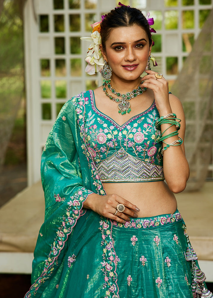 Buy Now Sea Green Tissue Fabric Embroidered Wedding Lehenga Choli Online in USA, UK, Canada, France, Italy, Germany, Australia & Worldwide at Empress Clothing.