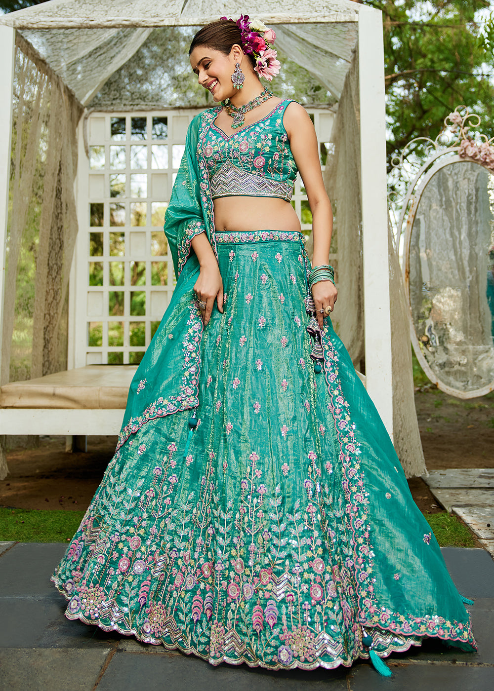 Buy Now Sea Green Tissue Fabric Embroidered Wedding Lehenga Choli Online in USA, UK, Canada, France, Italy, Germany, Australia & Worldwide at Empress Clothing.