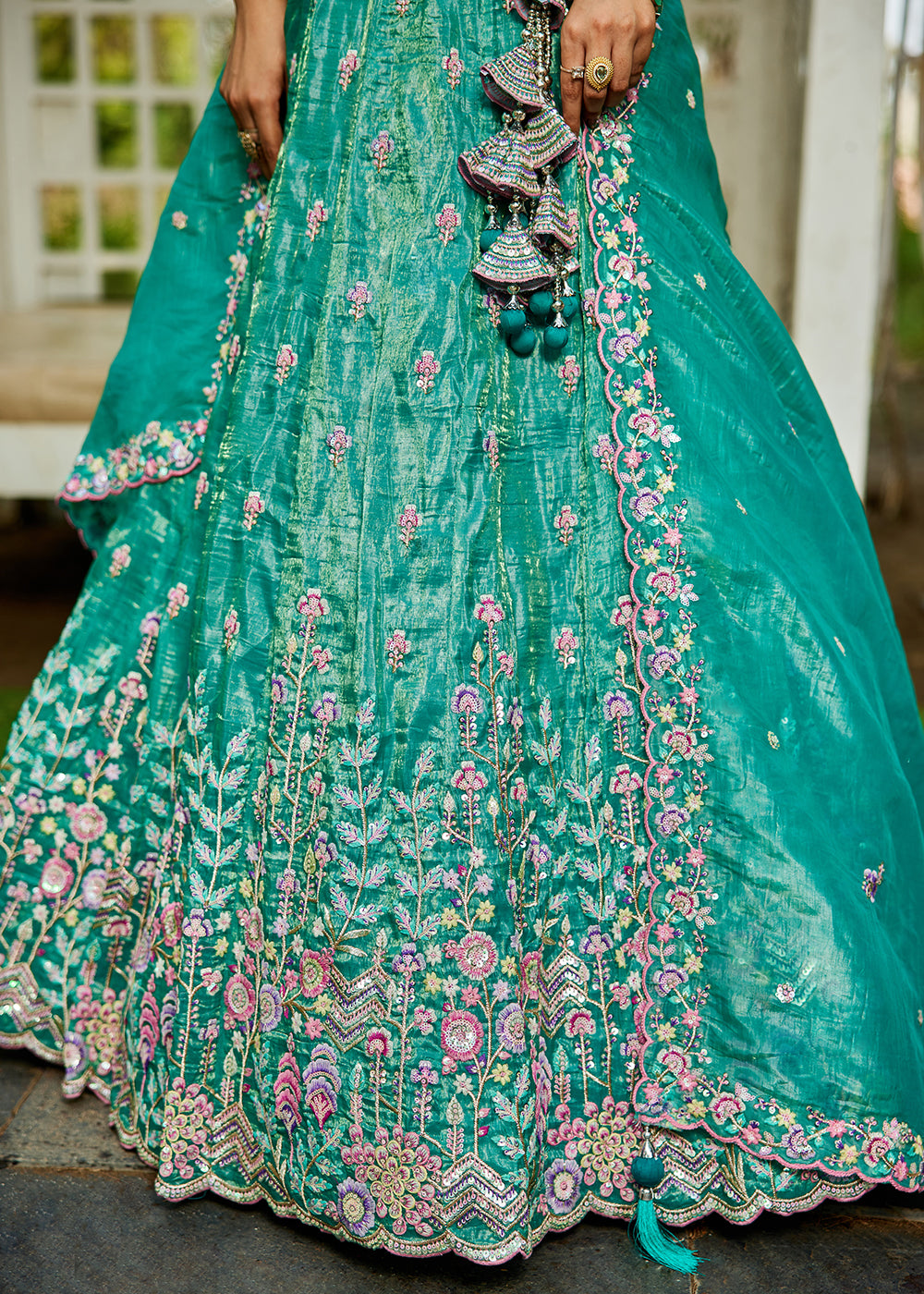 Buy Now Sea Green Tissue Fabric Embroidered Wedding Lehenga Choli Online in USA, UK, Canada, France, Italy, Germany, Australia & Worldwide at Empress Clothing.