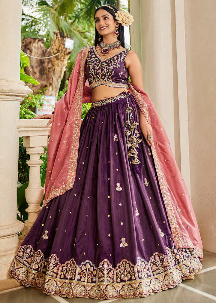 Buy Now Burgundy Satin Sequins Embroidered Sangeet Lehenga Choli Online in USA, UK, Canada, France, Italy, Germany, Australia & Worldwide at Empress Clothing.