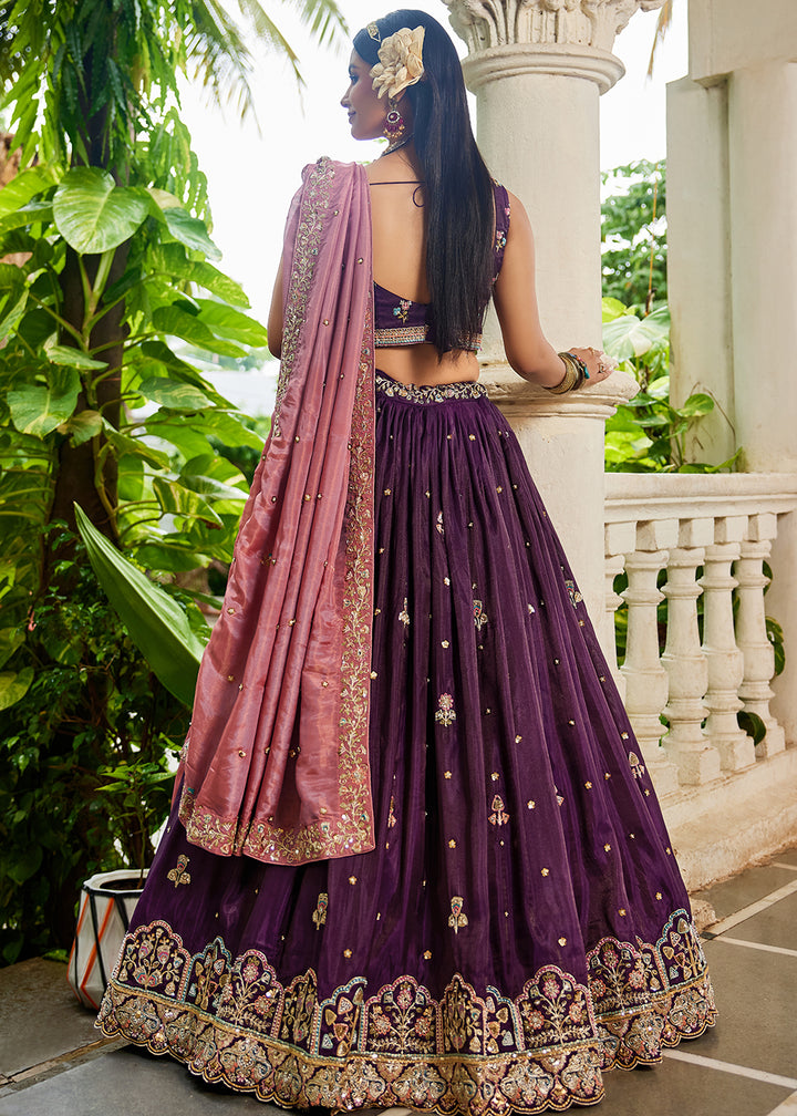 Buy Now Burgundy Satin Sequins Embroidered Sangeet Lehenga Choli Online in USA, UK, Canada, France, Italy, Germany, Australia & Worldwide at Empress Clothing.