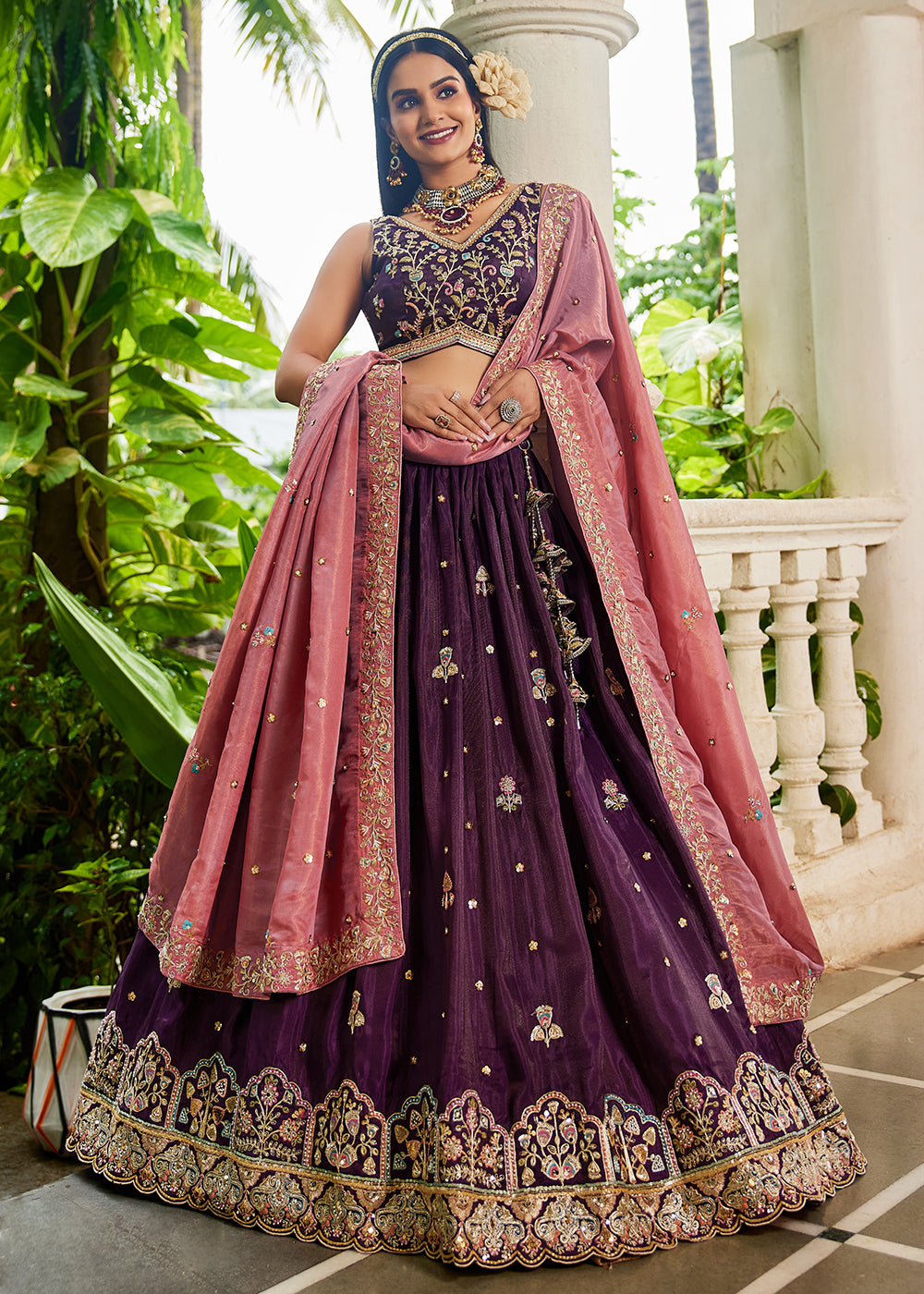 Buy Now Burgundy Satin Sequins Embroidered Sangeet Lehenga Choli Online in USA, UK, Canada, France, Italy, Germany, Australia & Worldwide at Empress Clothing.