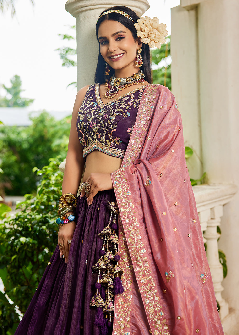 Buy Now Burgundy Satin Sequins Embroidered Sangeet Lehenga Choli Online in USA, UK, Canada, France, Italy, Germany, Australia & Worldwide at Empress Clothing.