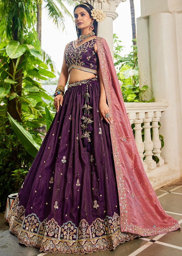 Buy Now Burgundy Satin Sequins Embroidered Sangeet Lehenga Choli Online in USA, UK, Canada, France, Italy, Germany, Australia & Worldwide at Empress Clothing.