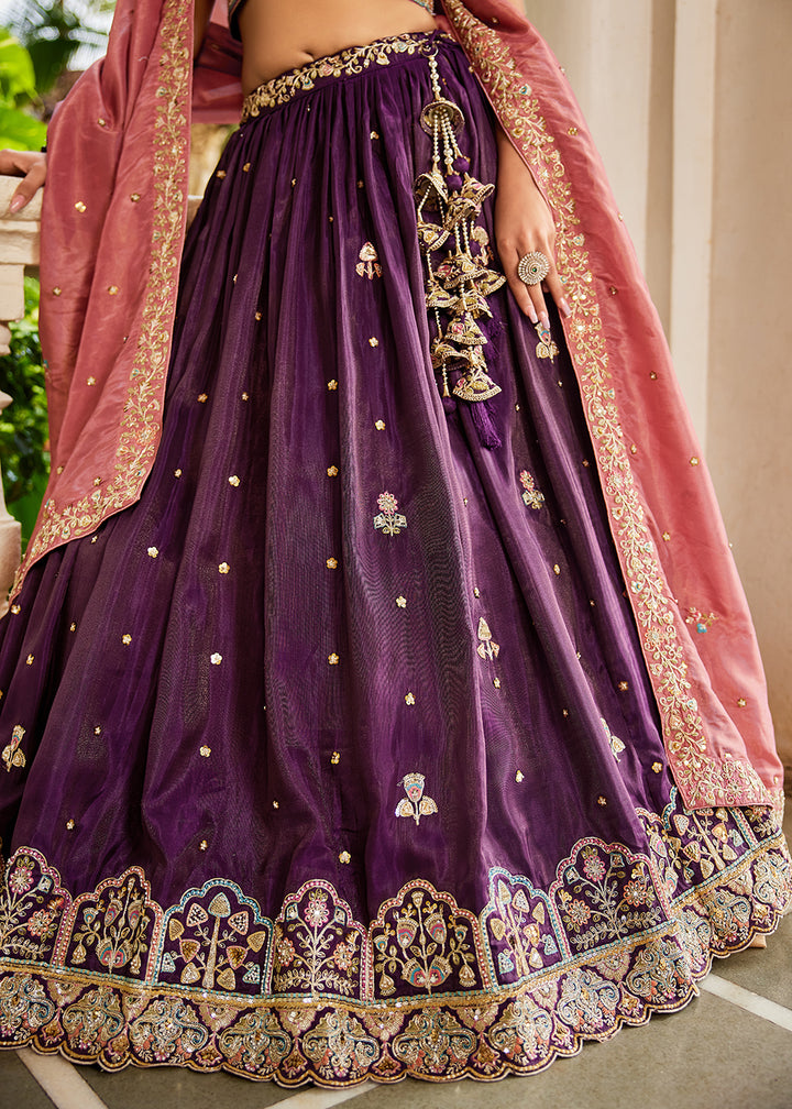 Buy Now Burgundy Satin Sequins Embroidered Sangeet Lehenga Choli Online in USA, UK, Canada, France, Italy, Germany, Australia & Worldwide at Empress Clothing.