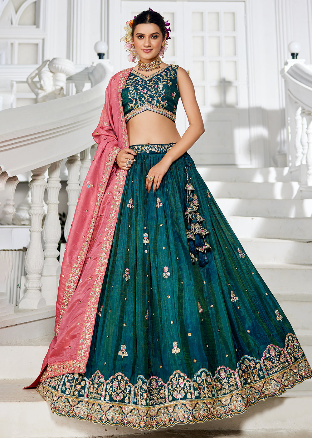 Buy Now Teal Satin Sequins Embroidered Sangeet Lehenga Choli Online in USA, UK, Canada, France, Italy, Germany, Australia, UAE & Worldwide at Empress Clothing.