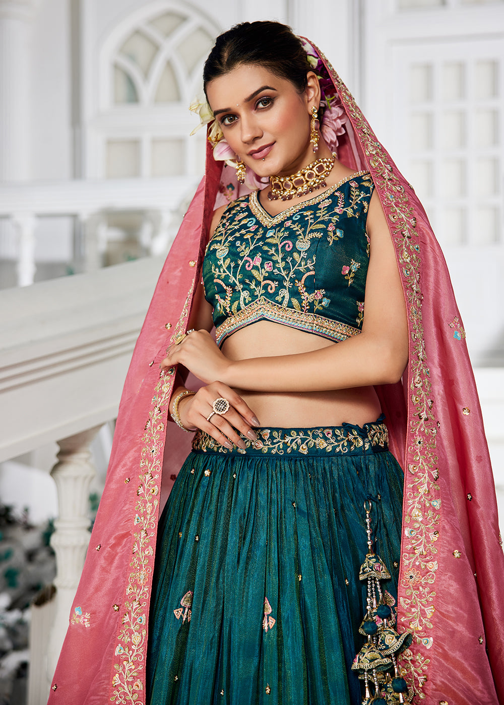 Buy Now Teal Satin Sequins Embroidered Sangeet Lehenga Choli Online in USA, UK, Canada, France, Italy, Germany, Australia, UAE & Worldwide at Empress Clothing.