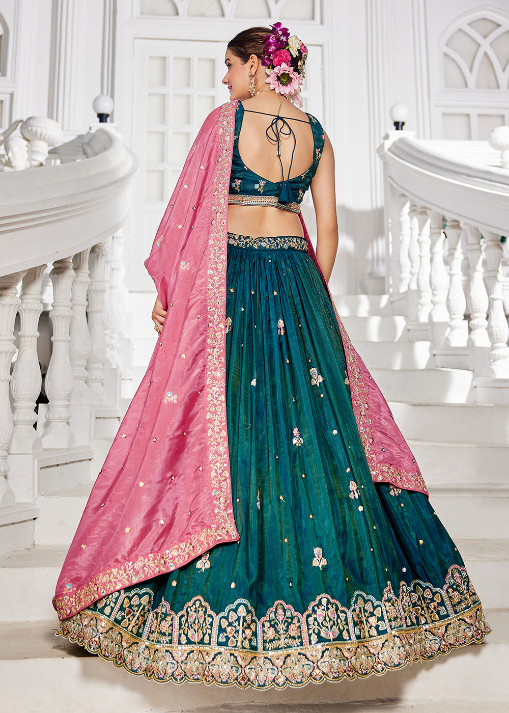 Buy Now Teal Satin Sequins Embroidered Sangeet Lehenga Choli Online in USA, UK, Canada, France, Italy, Germany, Australia, UAE & Worldwide at Empress Clothing.
