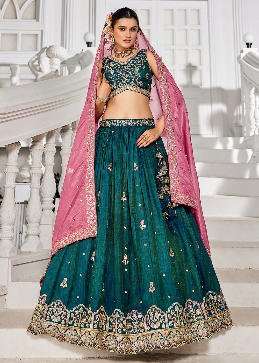 Buy Now Teal Satin Sequins Embroidered Sangeet Lehenga Choli Online in USA, UK, Canada, France, Italy, Germany, Australia, UAE & Worldwide at Empress Clothing.