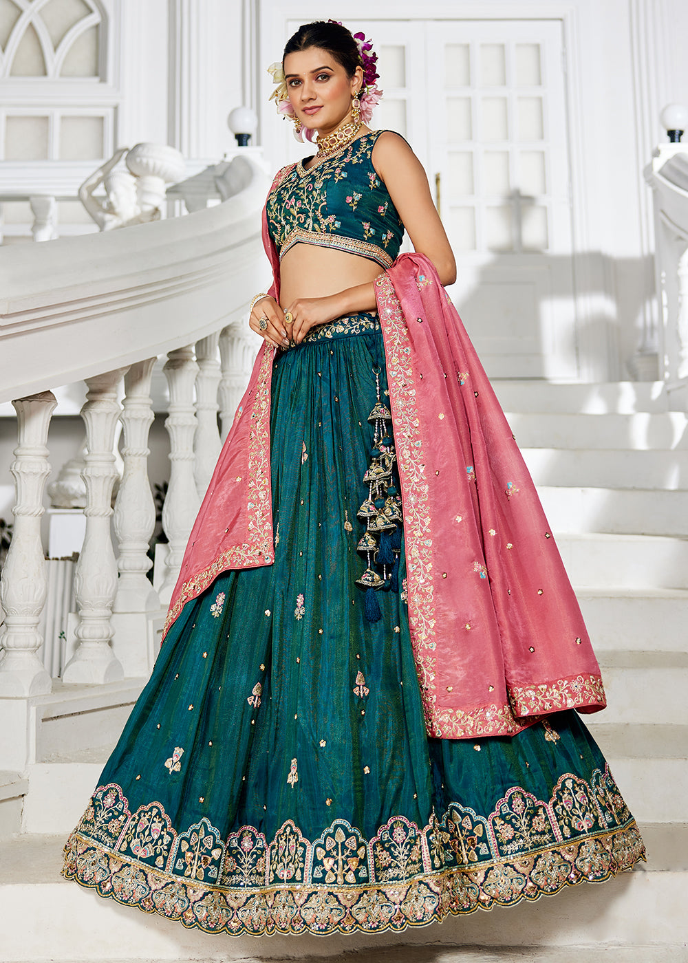 Buy Now Teal Satin Sequins Embroidered Sangeet Lehenga Choli Online in USA, UK, Canada, France, Italy, Germany, Australia, UAE & Worldwide at Empress Clothing.