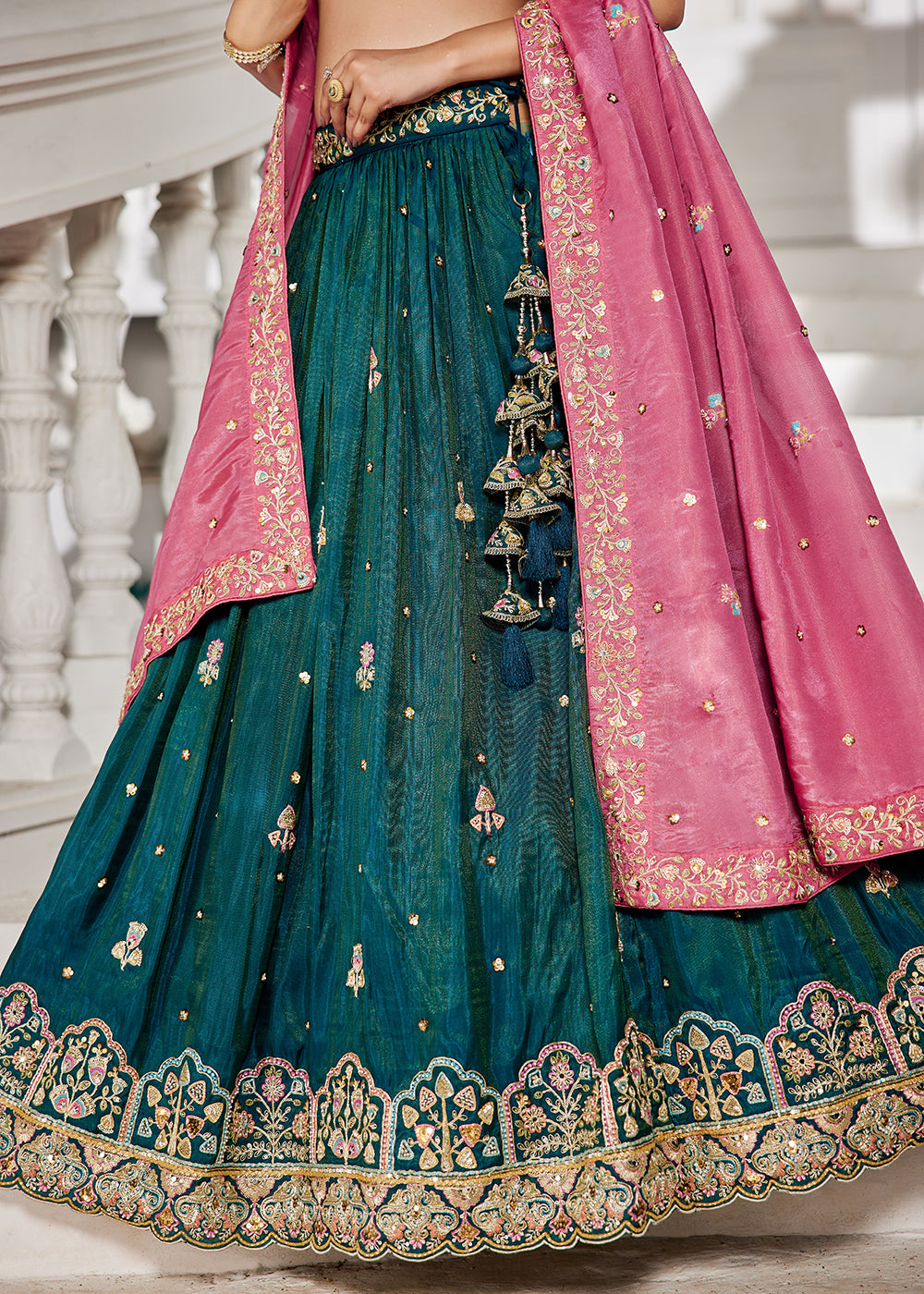 Buy Now Teal Satin Sequins Embroidered Sangeet Lehenga Choli Online in USA, UK, Canada, France, Italy, Germany, Australia, UAE & Worldwide at Empress Clothing.