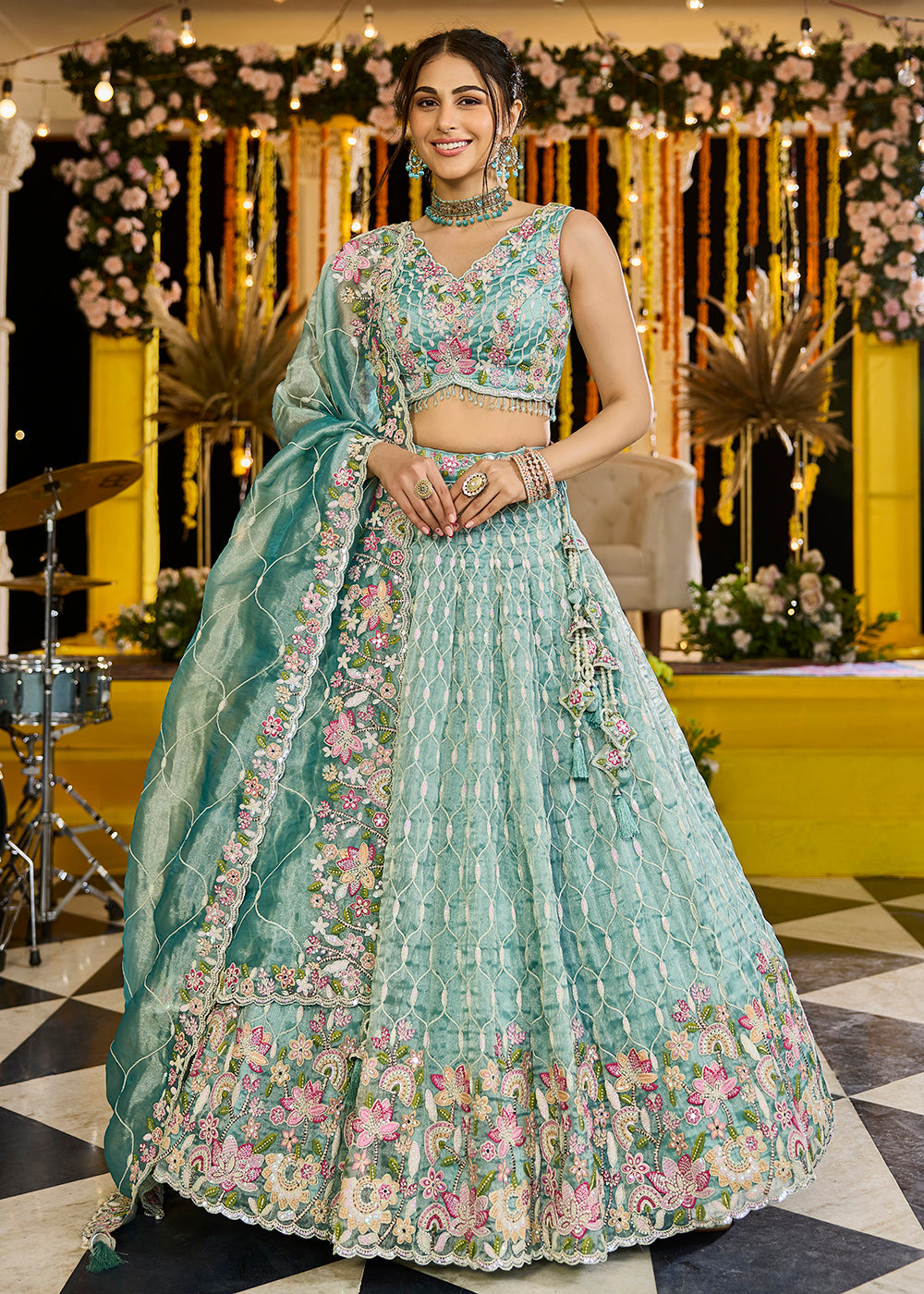 Buy Now Rama Green Satin Silk Sequins & Cording Wedding Lehenga Choli Online in US, UK, Canada, France, Italy, Germany, Austria, Denmark & Worldwide at Empress.