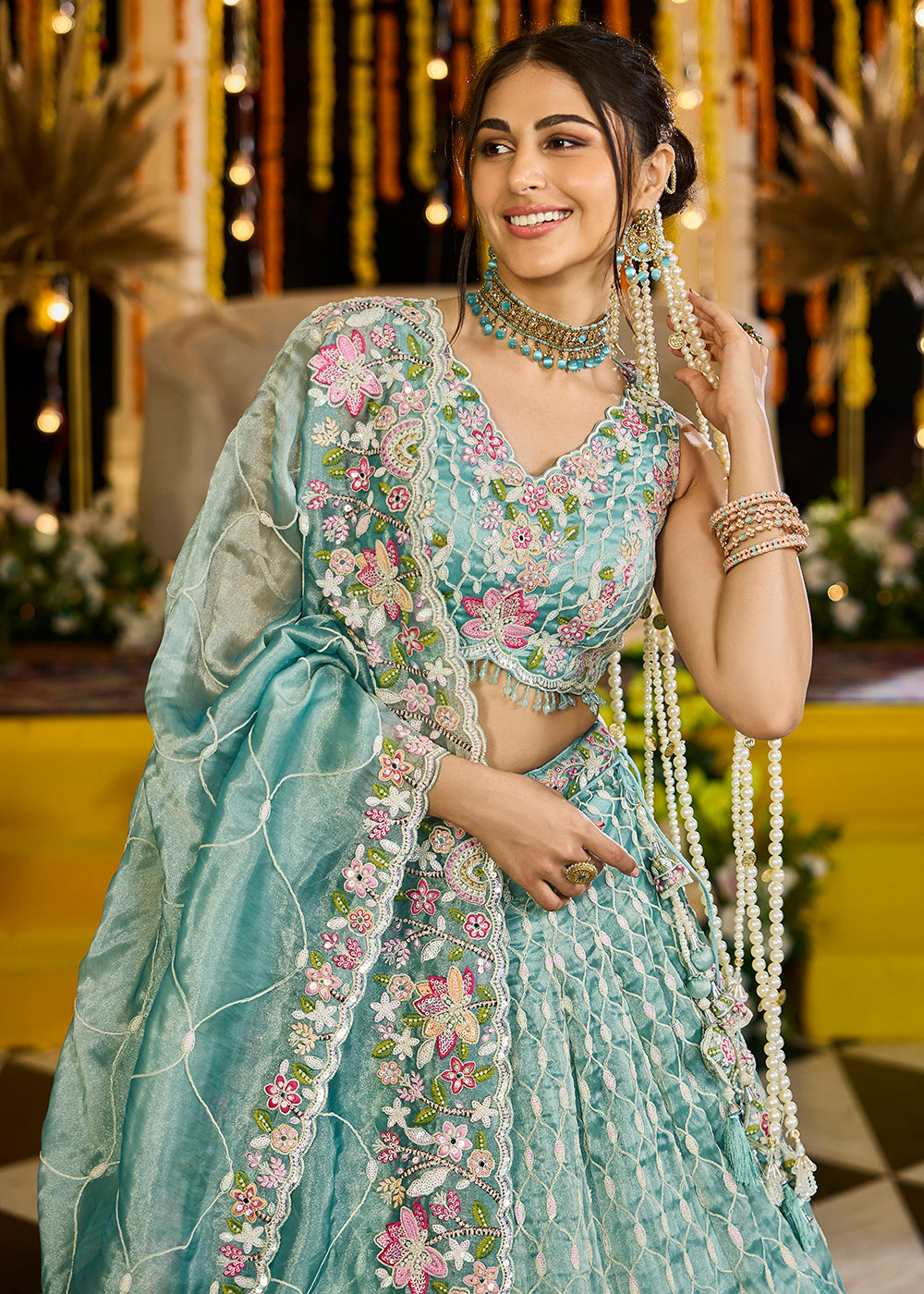 Buy Now Rama Green Satin Silk Sequins & Cording Wedding Lehenga Choli Online in US, UK, Canada, France, Italy, Germany, Austria, Denmark & Worldwide at Empress.