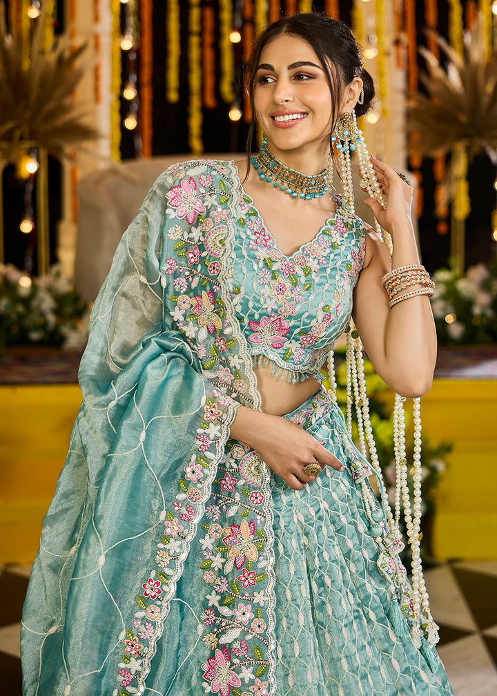 Buy Now Rama Green Satin Silk Sequins & Cording Wedding Lehenga Choli Online in US, UK, Canada, France, Italy, Germany, Austria, Denmark & Worldwide at Empress.