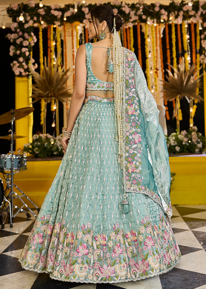 Buy Now Rama Green Satin Silk Sequins & Cording Wedding Lehenga Choli Online in US, UK, Canada, France, Italy, Germany, Austria, Denmark & Worldwide at Empress.