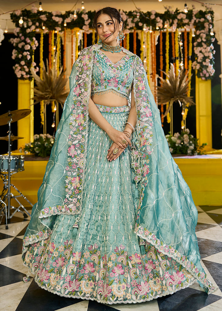 Buy Now Rama Green Satin Silk Sequins & Cording Wedding Lehenga Choli Online in US, UK, Canada, France, Italy, Germany, Austria, Denmark & Worldwide at Empress.
