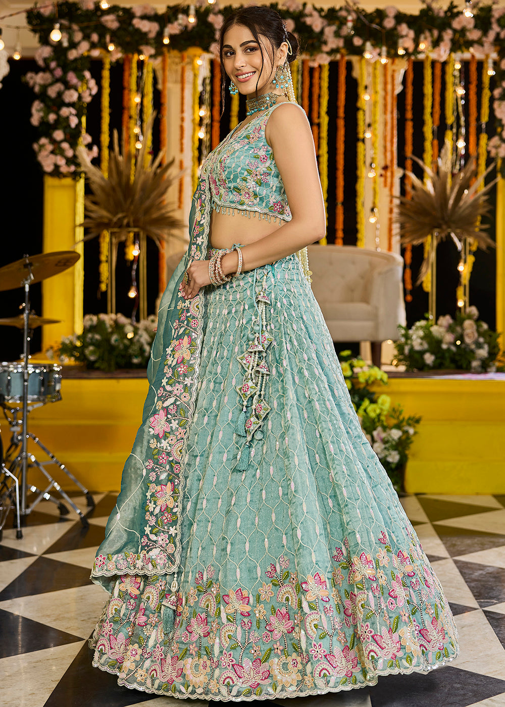Buy Now Rama Green Satin Silk Sequins & Cording Wedding Lehenga Choli Online in US, UK, Canada, France, Italy, Germany, Austria, Denmark & Worldwide at Empress.